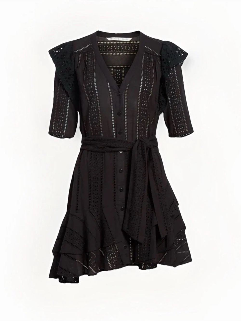 $450 VERONICA BEARD Sima Ruffle Eyelet Tiered Skirt Button Belted Mini Dress 8 M